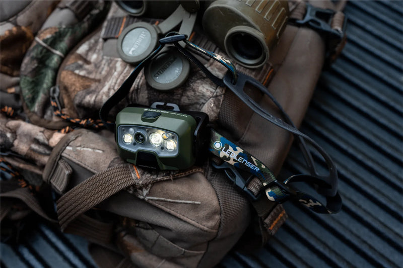 HF8R Core RGB headlamp on a camo hunting pack