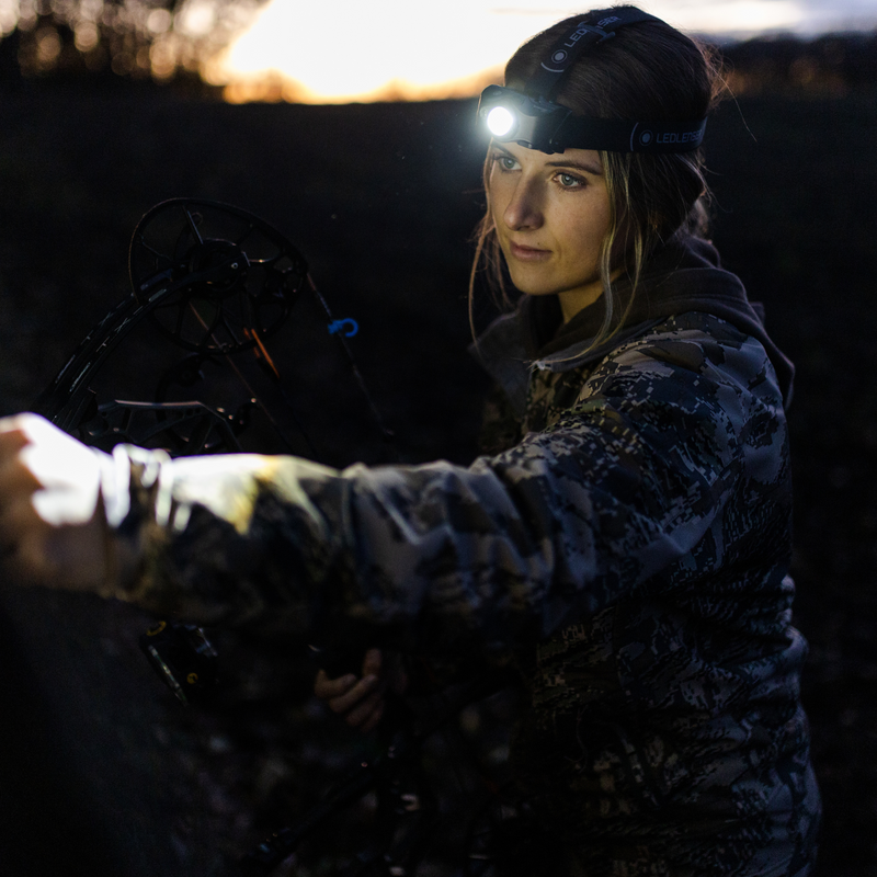 Hunter using the MH8 headlamp outdoors at night